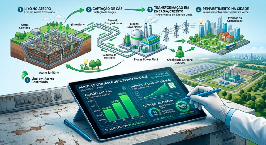 Do passivo ao ativo: A captação de metano nos aterros sanitários permite a emissão de créditos de carbono, criando uma nova fonte de receita própria que financia a modernização da cidade.