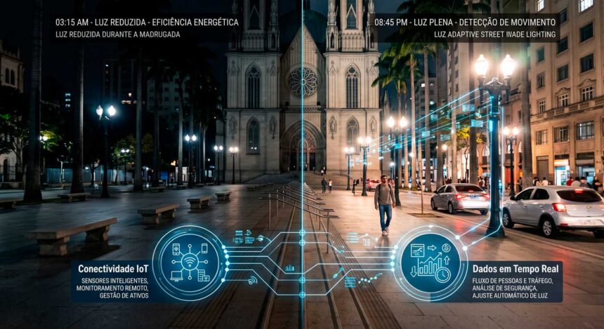 Cidades que "pensam": A iluminação adaptativa com sensores IoT ajusta o brilho conforme o movimento, reduzindo o desperdício de energia em até 40% e garantindo segurança onde ela é mais necessária.