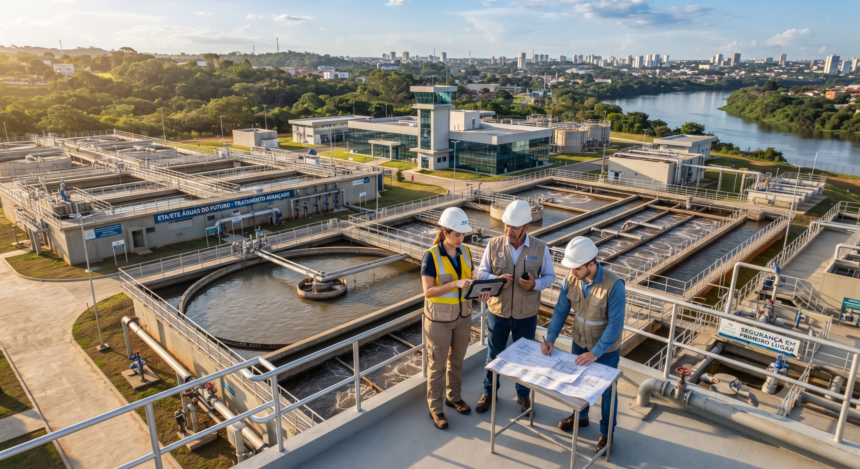 Moderna estação de tratamento de água ilustrando investimentos em saneamento básico nos municípios brasileiros