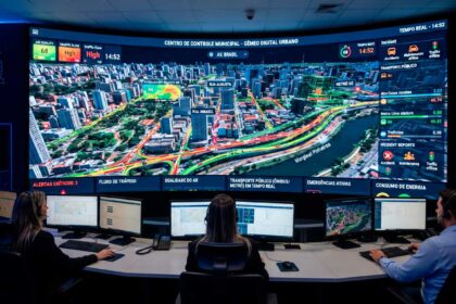 Tela de central de controle mostrando modelo em 3D de gêmeo digital para planejamento urbano